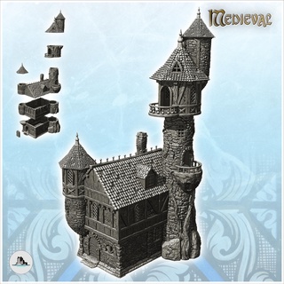 large medieval stone manor corner tower turret high-level rooms 20 - gothic feudal old archaic saga 28mm 15mm building architecture tabletop miniatures scenery wargame game terrain house accessories middle age dark city war traditionnal fantasy european village 3d print model - Mito3D