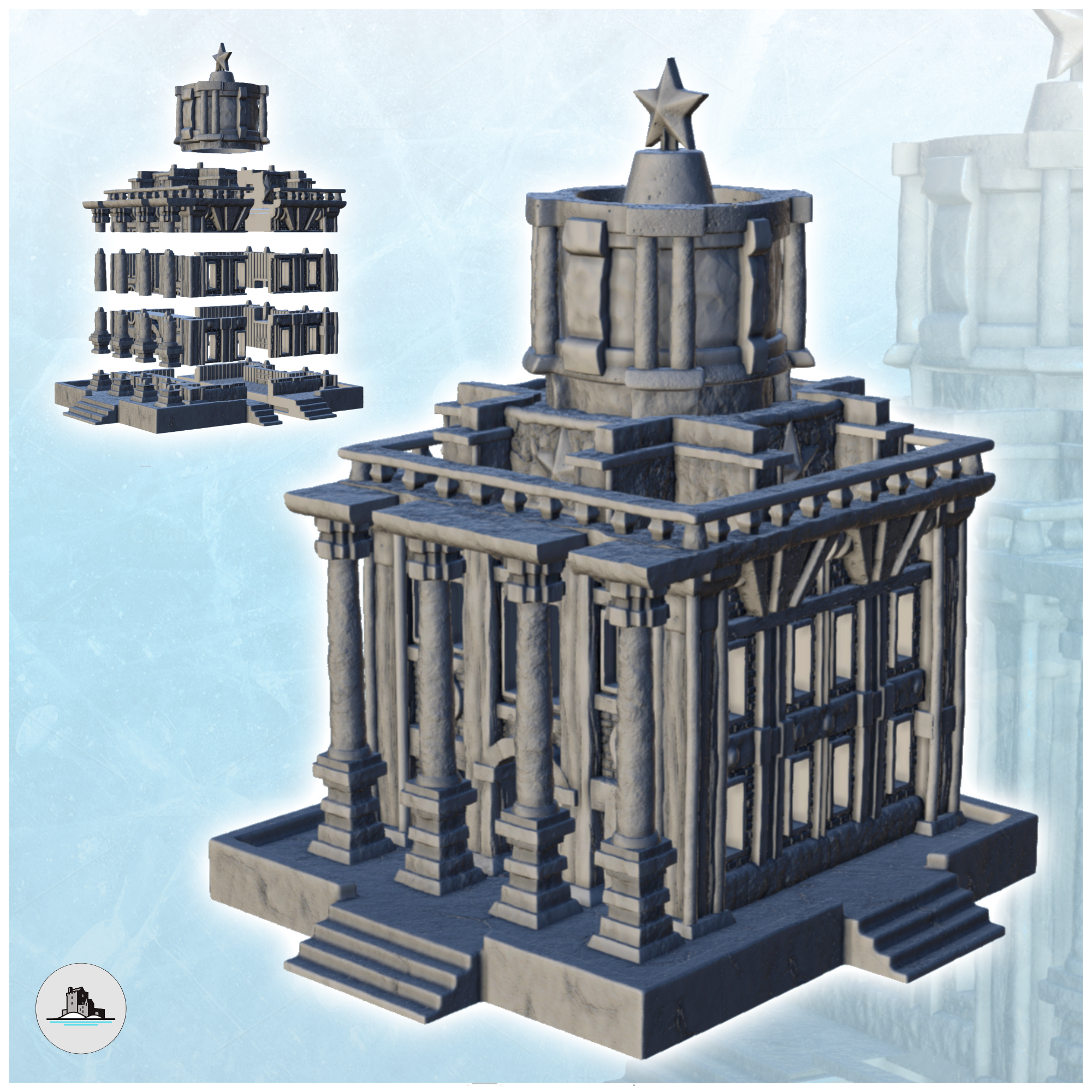 Sowjet Gebäude Plattform Säulen Star 1 Flammen Krieg Bolzen Aktion ussr ww2 kalt Epoche modern Russland Architektur Haus Miniaturen Landschaft Kriegsspiel Zahlen Spiel Terrain Spiele Zubehör Osten Welt blitzgrieg Panzer Kommunismus Stalingrad 3D print model - Mito3D