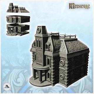 large two-story stone building entrance canopy columns 16 - medieval feudal old archaic saga 28mm 15mm architecture tabletop miniatures scenery wargame game terrain house accessories middle age dark rose war traditionnal fantasy european village 3d print model - Mito3D