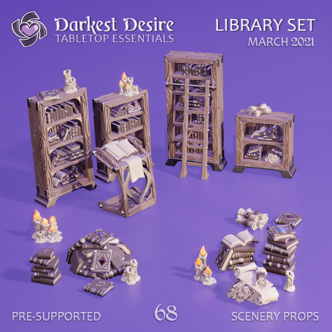 library set lotr scenery terrain boardgame interior fantasy wargaming rpg dungeons dragons dnd d&d scatter tabletop furniture magic books scrolls candles 3D print model - Mito3D