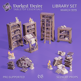library set lotr scenery terrain boardgame interior fantasy wargaming rpg dungeons dragons dnd d&d scatter tabletop furniture magic books scrolls candles 3d print model - Mito3D