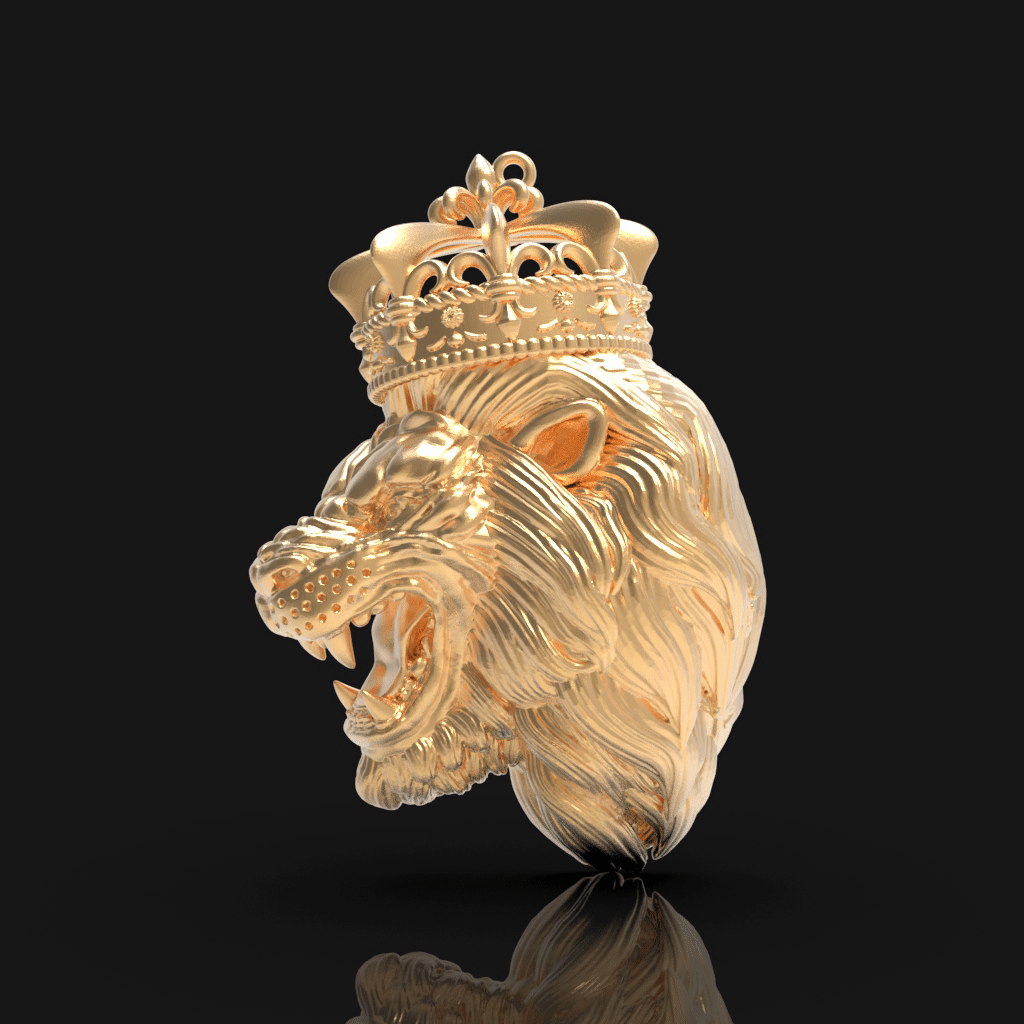 Lion tête couronne hommes pendentif or 925 sterling argent africain charme Roi sauvage Collier Noël cadeau animal 3D print model - Mito3D