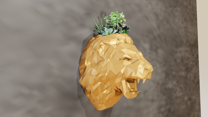 lion head poly planter pot flower vase stl 3d print file home jungle safari miniature tabletop animals sculpture wall decor 3d print model - Mito3D
