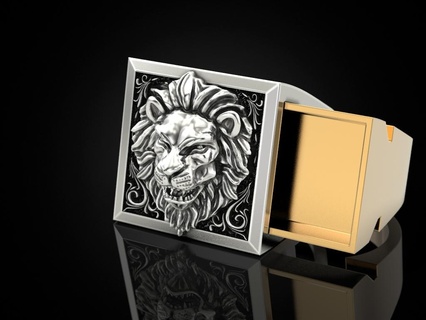 Lion secret compartiment bague bijoux impression imprimable anneaux conception bijou d'or or prototypage argent motard noircissement texture 3d print model - Mito3D