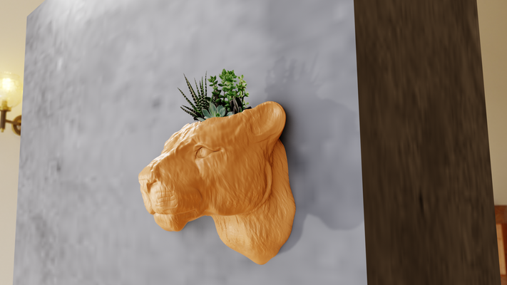 dişi aslan baş duvar binmek ekici tencere çiçek vazo stl 3d yazdır dosya ev orman safari minyatür masaüstü hayvanlar heykel dekor 3d print model - Mito3D
