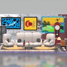 living room 3d illustration cartoon sofa settee wall art paint model architecture radio television cupboard grandfather clock pillows red wine glass ottle glasses vases decor decoration beautiful cartoons 3d print model - Mito3D