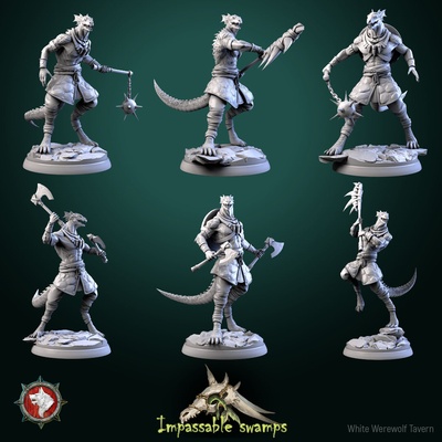 lizardfolk warriors set 6 miniatures 32mm pre-supported tabletop highquality toy game 3dminiature dnd dndminiature creature monster presupported ttrpg 3d print model - Mito3D