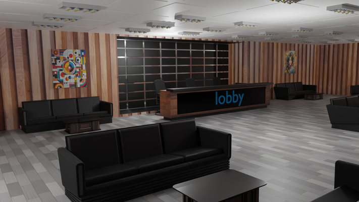 lobby interior recepção luz suspensão eucalipto cena corredor ante sala entrada lareira salão escritório 3d print model - Mito3D