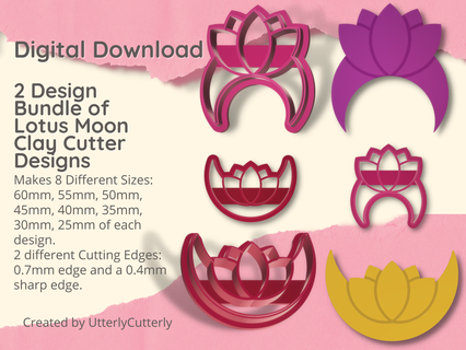 lotus moon 1 & 2 clay cutter - celestial stl digital file download- 8 sizes versions earring polymer geometric embossed hexagon utterlycutterly utterly cutterly cookie fondant organic shape indie fashion 3d print model - Mito3D