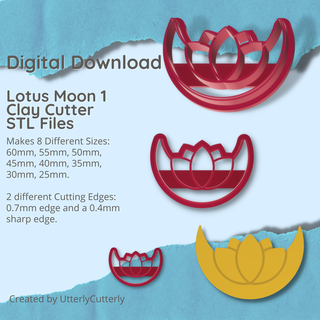 lotus moon 1 clay cutter - celestial stl digital file download- 8 sizes 2 versions earring polymer geometric embossed hexagon utterlycutterly utterly cutterly cookie fondant organic shape indie fashion 3d print model - Mito3D