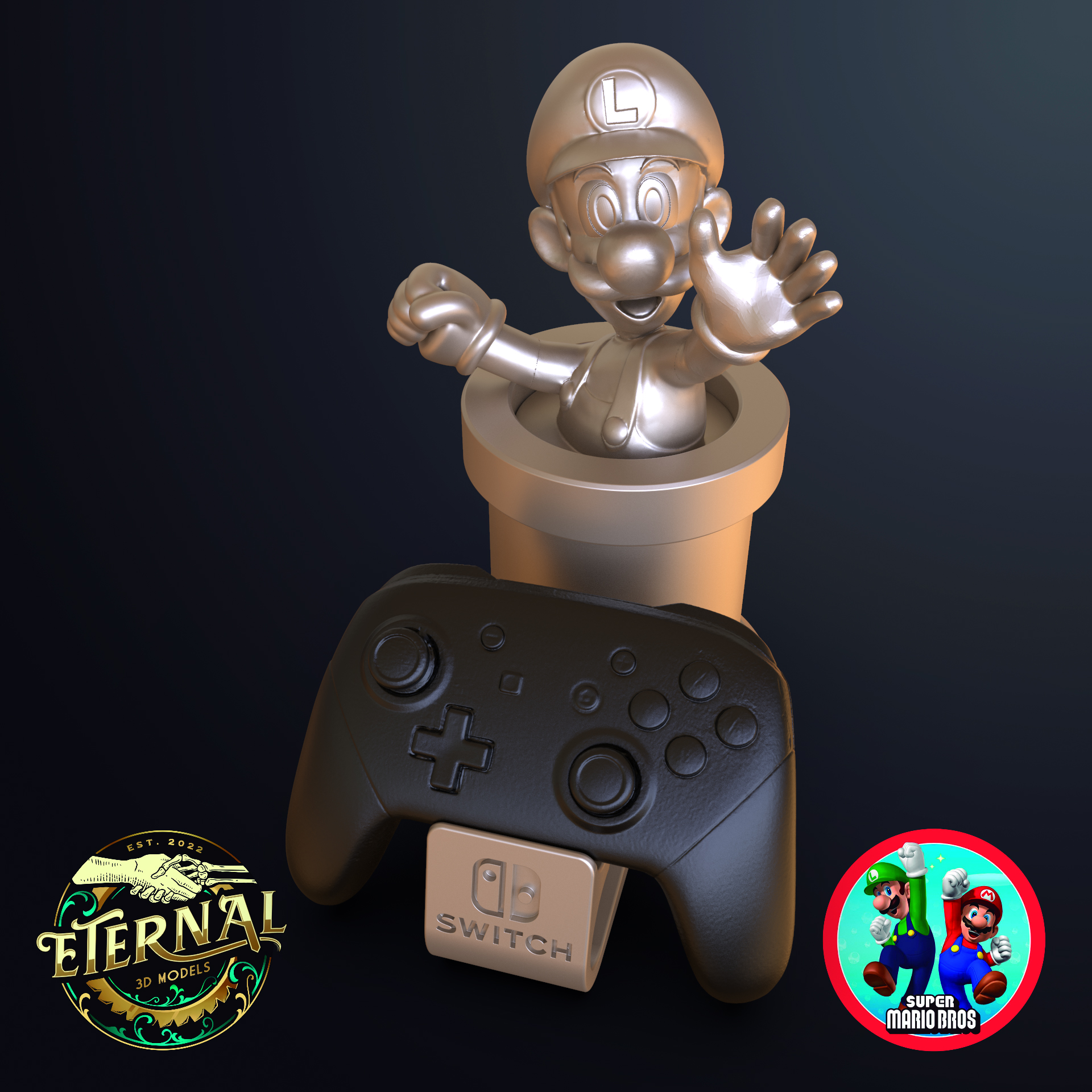 luigi switch controller holder - 1 & 2 controllers mario bros eternal pad nintendo ps5 xbox playstation gaming decoration stand setup gamer figurine diorama 3D print model - Mito3D