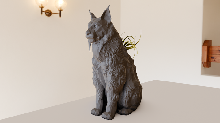 lynx cat sitting poly planter pot flower vase stl home wild lion jungle safari miniature tabletop animals sculpture wall decor 3d print model - Mito3D