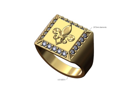 lys flower square diamond chamfred sides ring us size 9 3d print model lily lis heraldic jewelry printable gold silver signet fashion jewellery luxury classic 3d print model - Mito3D