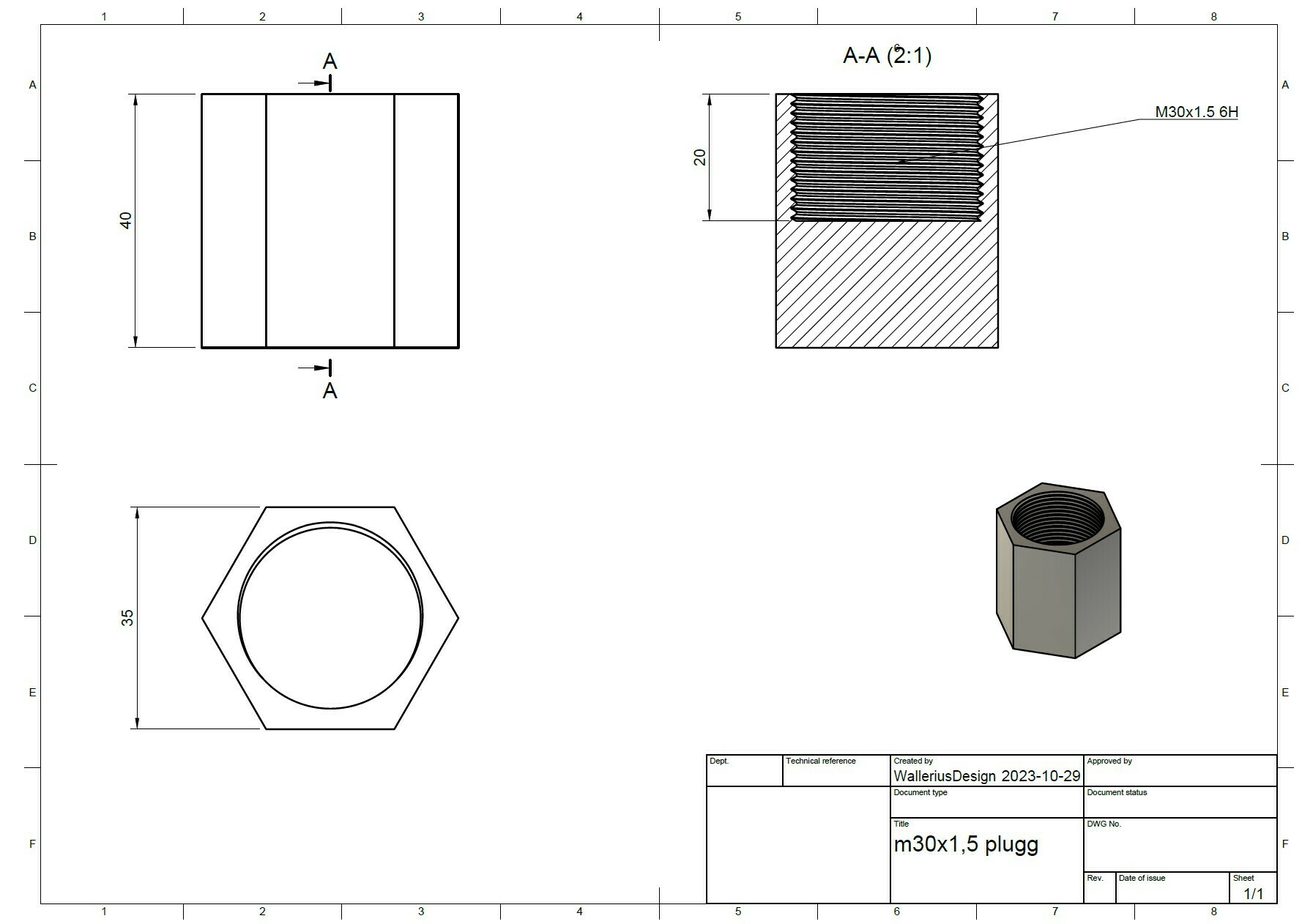 m30x1 5 mm plugue 3D print model - Mito3D