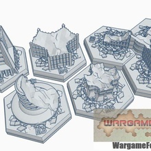 magnetic hex tile destroyed sci-fi building set 1 5 items game battletech terrain map scale 3d print model - Mito3D