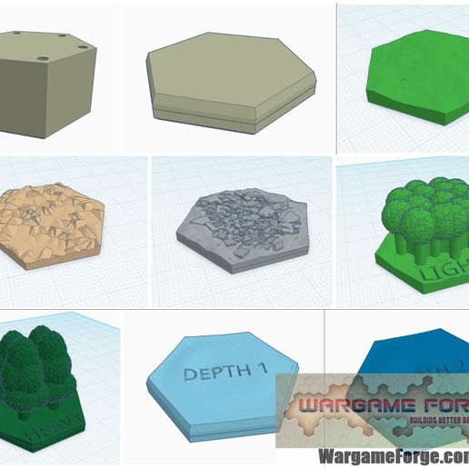 magnetic hex tile starter set 8 items game battletech terrain map scale 3D print model - Mito3D
