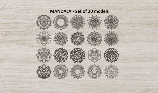 mandala conjunto 20 modelos zen decoración ornamento circulo geométrico hogar casa hindú Arte amor meditación yoga patrón India ilustración 3d impresión 3d print model - Mito3D