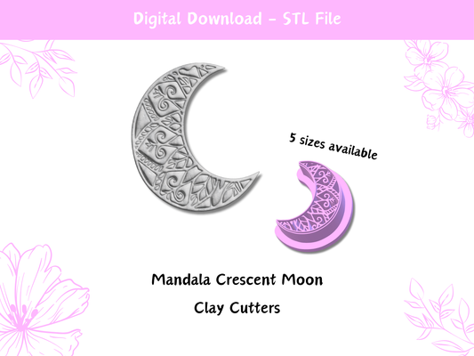 mandala crescent moon clay cutter polymer digital stl file tools 5 sizes embossing cutters earrings flower cookie cookies studs diy craft 3d print model - Mito3D