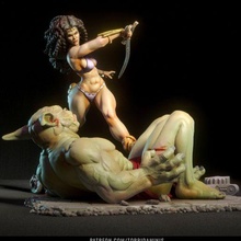 marcella art barbarian woman warrior frank frazetta monster sword high fantasy ruins 3d print model - Mito3D