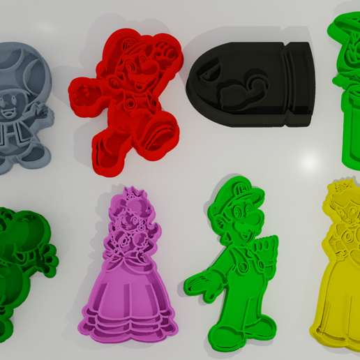 mario biscoito cortador coleção Bross luigi pêssego sapo bala conta piranha plantar yoshi margarida asno kong bowser comerciante comerciantes curvado 3D print model - Mito3D