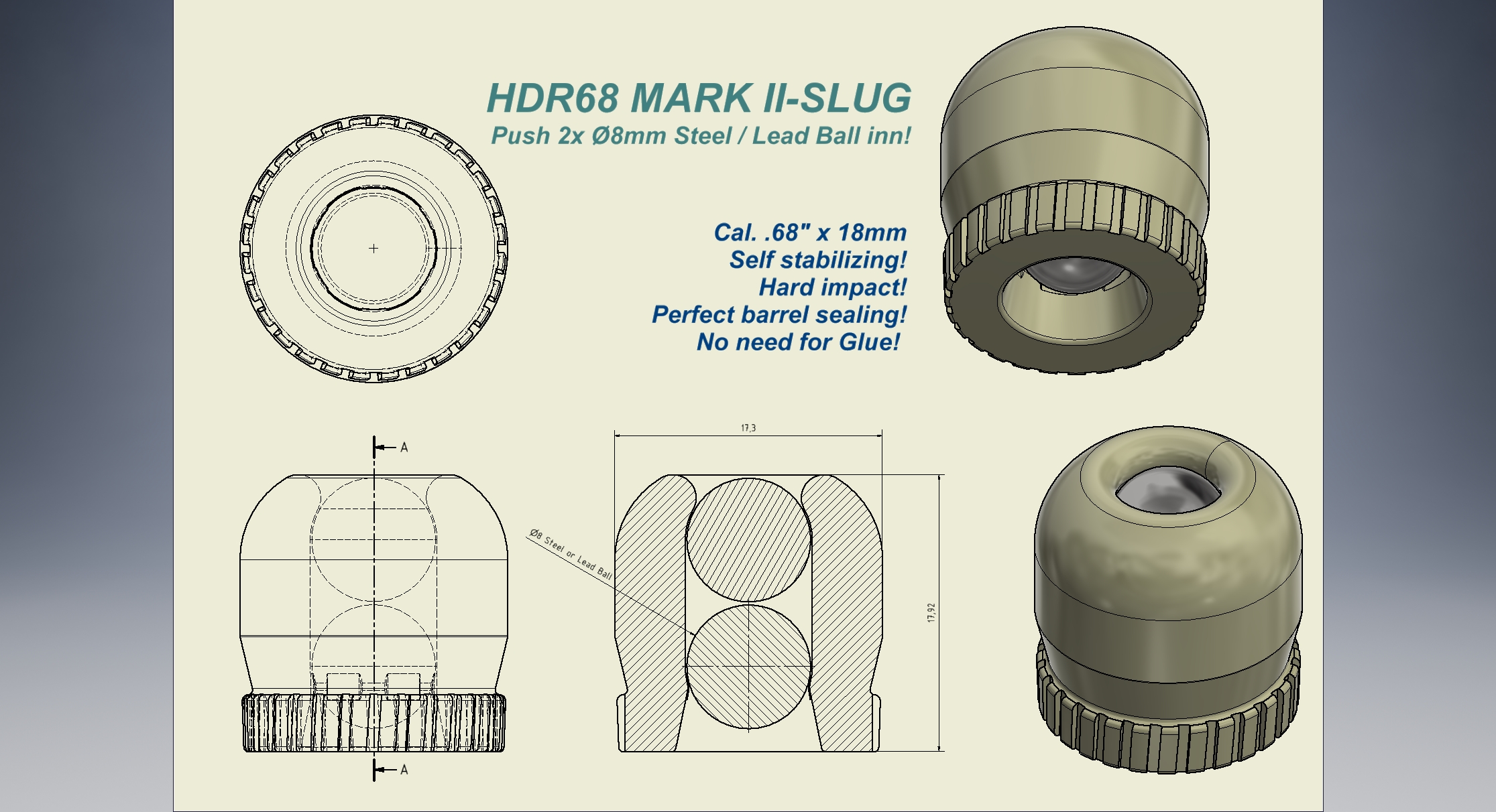 mark ii slugs hdr68 68 slug ammunition bullets umarex t4e defence 3D print model - Mito3D