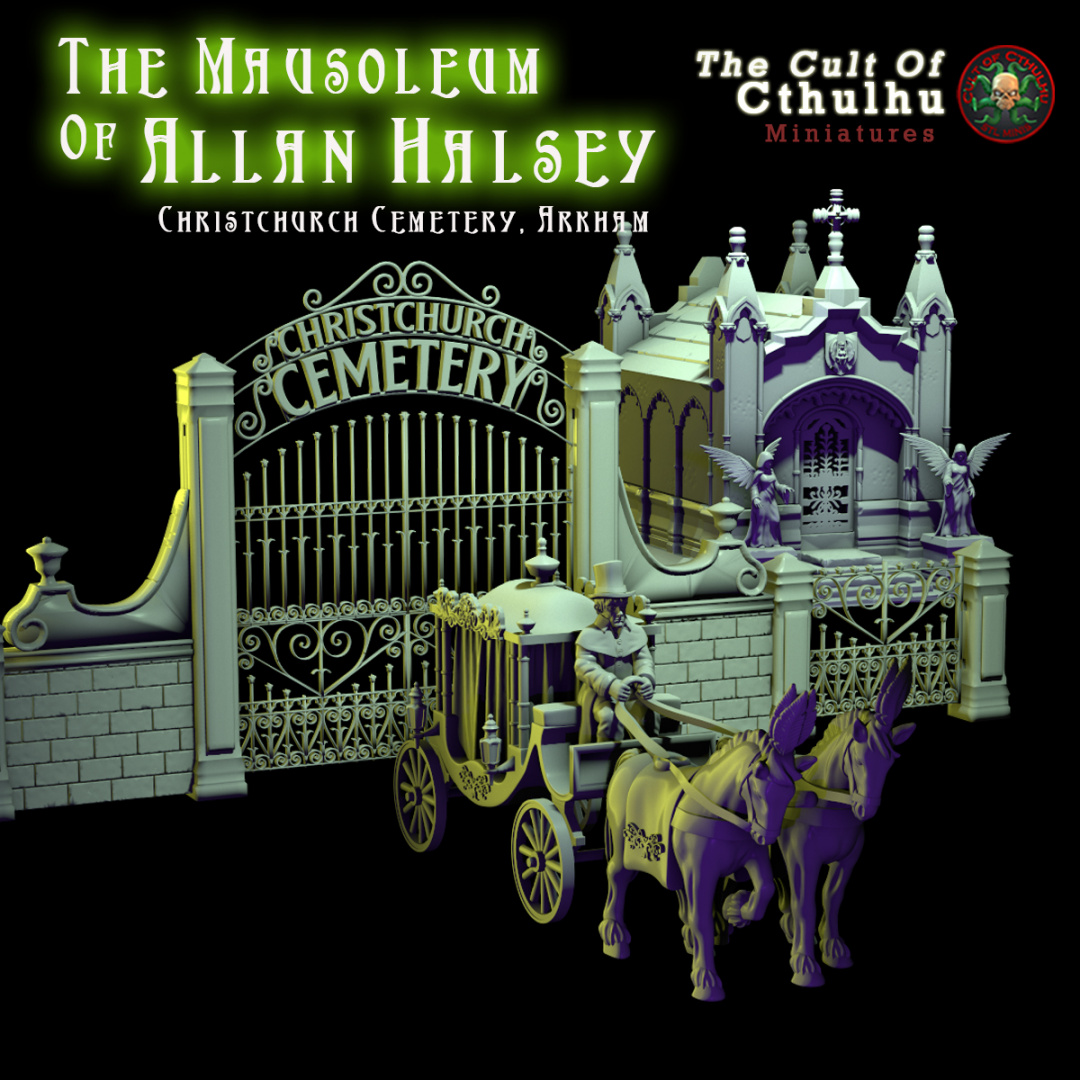 mausoleum & horse drawn hearse arkham cemetery gates miniature rpg boardgame horror cthulhu lovecraft mom evil monster marauder christchurch 32mm 3D print model - Mito3D