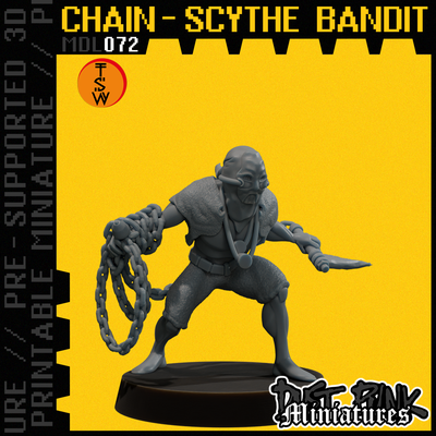 mdl072 chain scythe bandito pre supported gioco deserto viaggiatore guerriero esploratore cacciatore frusta polvere sci fi nomade camminatore distopico apocalisse grunge utilità tavolo proxy combattente roamer 3d print model - Mito3D