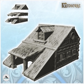medieval building wide roof double column entrance 4 - gothic feudal archaic saga 28mm 15mm architecture tabletop miniatures scenery wargame game terrain house accessories middle age dark rose war traditionnal fantasy european village 3d print model - Mito3D