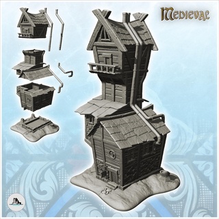 medieval house large tower terrace pipes 10 - gothic feudal old archaic saga 28mm 15mm building architecture tabletop miniatures scenery wargame game terrain accessories middle age dark rose war traditionnal fantasy european village 3d print model - Mito3D