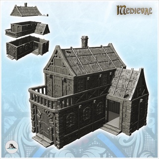 Ortaçağa ait ev teras büyük kapı sazdan yapılmış çatı 11 gotik feodal eski arkaik destan 28mm 15mm bina mimari masaüstü minyatürler manzara savaş oyunu oyun arazi Aksesuarlar orta yaş karanlık Kent geleneksel fantezi Avrupalı köy 3d print model - Mito3D