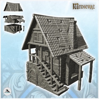 medieval house tiled roof large staircase canopy 6 - gothic feudal archaic saga 28mm 15mm Architecture building architecture tabletop miniatures scenery wargame game terrain accessories middle age dark city war traditionnal fantasy european village 3d print model - Mito3D