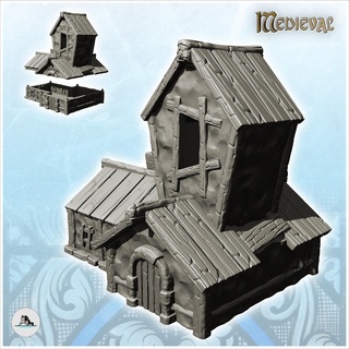 medieval house wooden roof central tower window 12 - feudal old archaic saga 28mm 15mm building architecture tabletop miniatures scenery wargame game terrain accessories middle age dark rose war traditionnal fantasy european village 3d print model - Mito3D