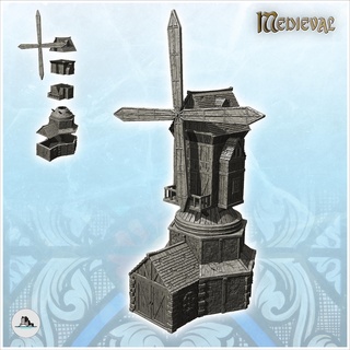 medieval mill quadruple blades base annex 12 - gothic feudal old archaic saga 28mm 15mm building architecture tabletop miniatures scenery wargame game terrain house accessories middle age dark city war traditionnal fantasy european village 3d print model - Mito3D