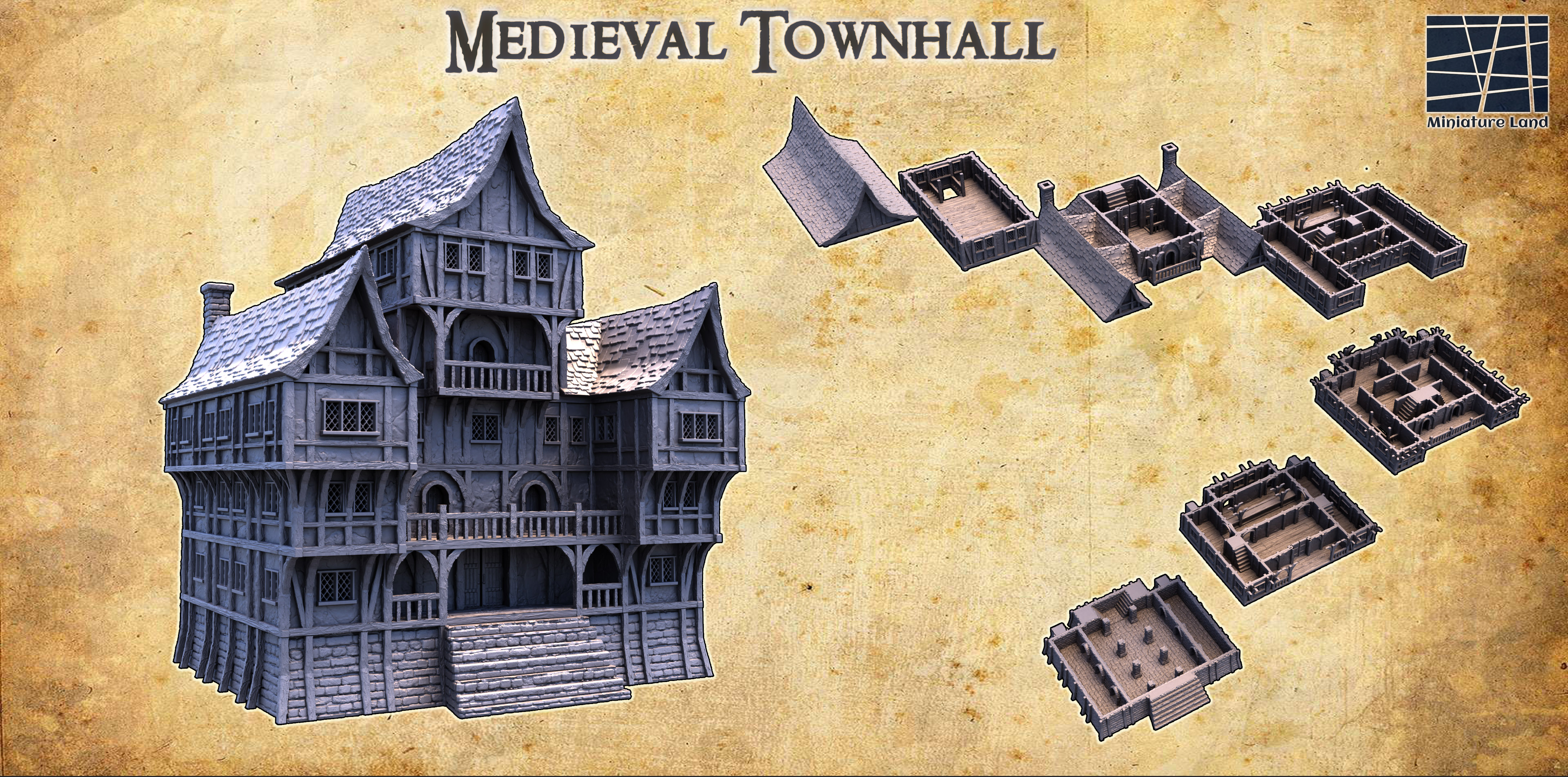 mittelalterlich rathaus 28 mm tischplatte terrain haus rollenspiel dnd stadt dorf supportfree alt stein struktur spielbar innere modular 28mm 25mm 15mm kriegsspiel 3D print model - Mito3D