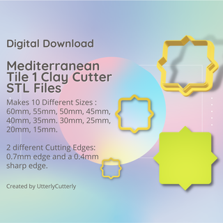 mediterranean tile 1 clay cutter - stl digital file download- 10 sizes 2 versions earring polymer geometric embossed hexagon utterlycutterly utterly cutterly cookie fondant organic shape indie 3d print model - Mito3D