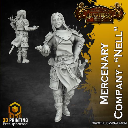 mercenary company - nell 32mm scale pre-supported miniature game dungeons dragons warhammer whfb fantasy pathfinder ttrpg rpg mercenaries soldiers fighters frostgrave oathmark kingsofwar warhammerfantasybattles the9thage 3D print model - Mito3D