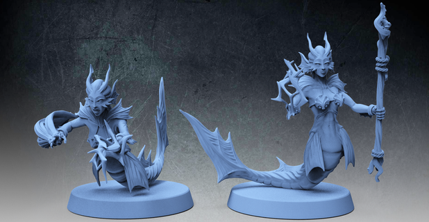 merfolk mermaid mage miniature dnd pathfinder tabletop art toy dungeon dragons rpg miniatures monters ttrpg highdetails merfolks 3d print model - Mito3D