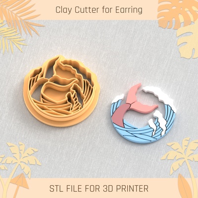 mermaid in stormy sea summer clay cutter tools earring turtle beach shell 3d print model - Mito3D