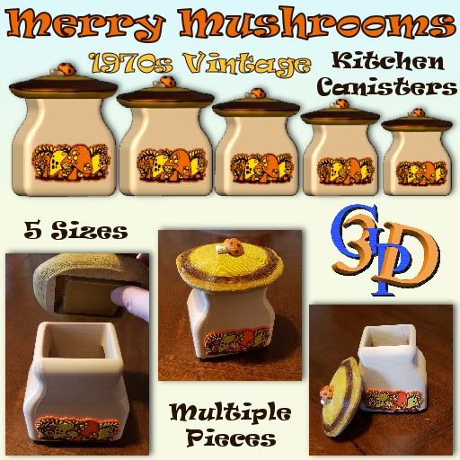 merry mushroom 1970s vintage kitchen canisters cottagecore decor toadstool canister counter decoration decorative organic plant cottage core garden retro multicolor 3D print model - Mito3D