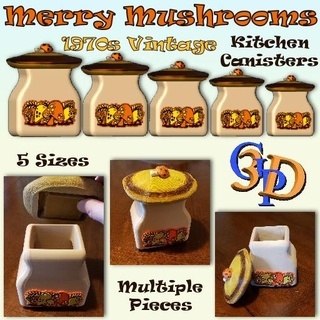 merry mushroom 1970s vintage kitchen canisters cottagecore decor toadstool canister counter decoration decorative organic plant cottage core garden retro multicolor 3d print model - Mito3D