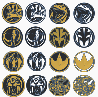 mighty morphin power rangers crests coins decals Game green white ranger tyrannosaurs triceratops pterodactyl coin sabre tooth tiger mastodon wall mount display hanger decal megazord zord 3d print model - Mito3D