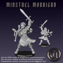 minstrel morrigan game female half-elf outlander bard kilt bagpipes sword free 3d printable mini dnd dnd5e 5e rpg ttrpg 3d print model - Mito3D