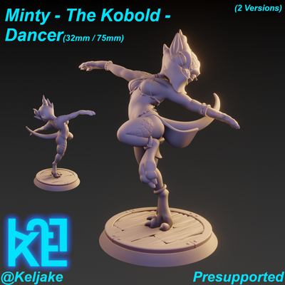 minty - female kobold-dancer fantasy miniature mini kobold girl dancer 32mm 75mm dnd tabletop rpg dungeons dragons pinup supported harem bard character monster 3d print model - Mito3D
