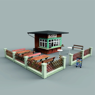 model railroad kiosk set in h0 scale 1 87 dioramas railroads diorama railway detailing miniature park bench 3d printed scenery beer crates accessories precision building realism interaction sets railroading hobby enhancement 3d print model - Mito3D