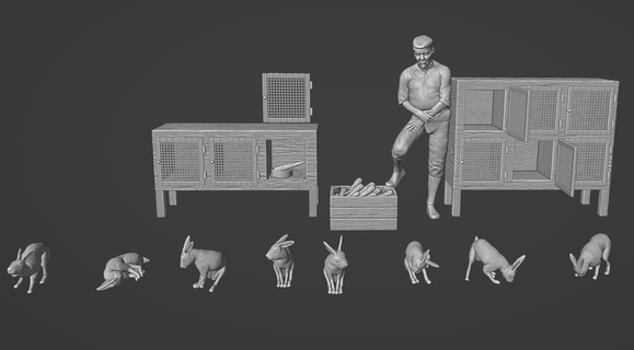 modèles 3d lapin trappe petit grand 1 35 +fermier+lapins 72 agriculteur diorama 3d print model - Mito3D