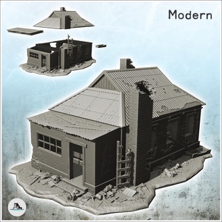 modern house tin roof external chimney damaged version props included 8 - cold era warfare conflict world war 3 ww2 ww3 building architecture tabletop miniatures scenery wargame game terrain accessories europe flames ukraine contempory dead berlin yankee stalingrad zombie 3d print model - Mito3D