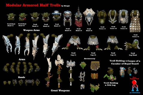 modular armored half trolls troll orc war fantasy miniature army horde warband green 3d print model - Mito3D