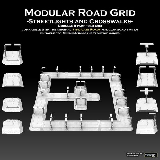 modular road grid streetlights crosswalks 3D print model - Mito3D