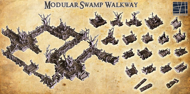 modular swamp walkway 28 mm tabletop terrain rpg dnd medieval supportfree old wood jungle structure playable interior 28mm 25mm 15mm wargame 3d print model - Mito3D