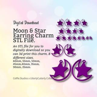 moon & star earring charm stl file - digital download -8 sizes- necklace keyring celestial design Jewelry bezel finding jewellery jewelry resin flower making mold boho chick fashion 3d print model - Mito3D